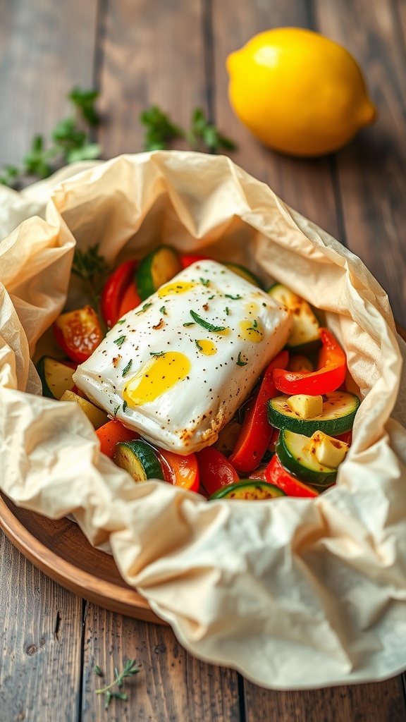 Cod fillet en papillote with vegetables, garnished with herbs on a wooden table.